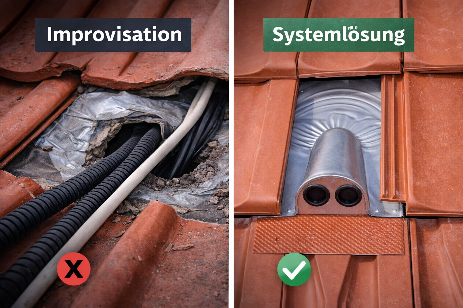 Vergleich improvisierte vs fachgerechte PV Dachdurchführung